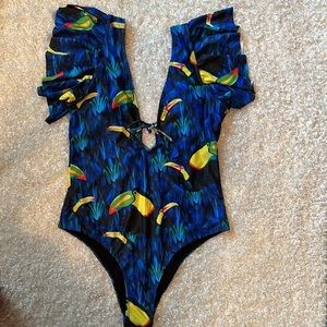 Toucan Tropical Plunging One piece Swimsuit Ruffles